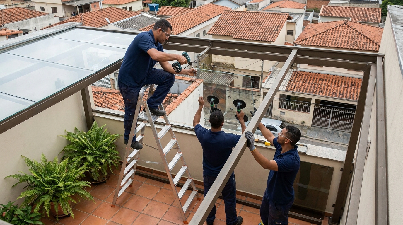 Cobertura de vidro em terraço com telhados em Niterói-RJ