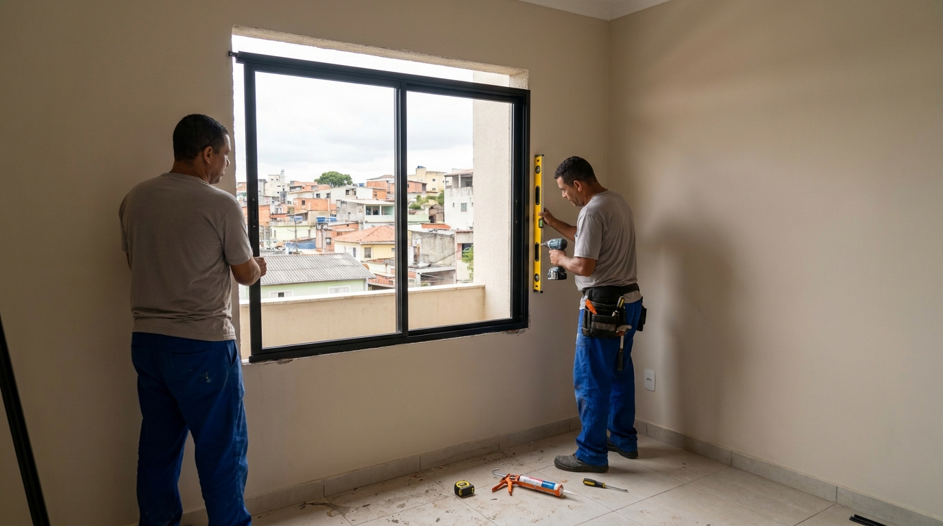 Esquadria de alumínio em quarto bege em Niterói-RJ