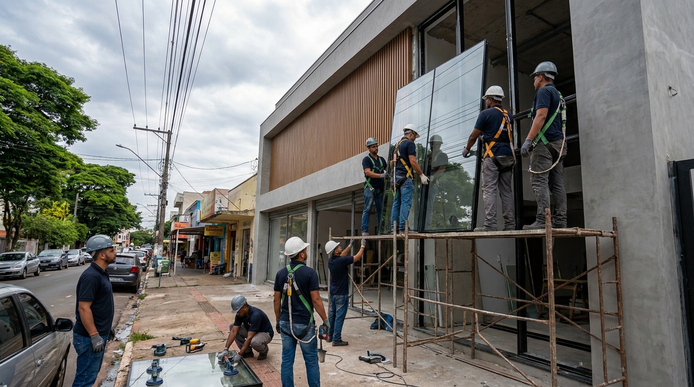Fachada de vidro com andaime lateral em Niterói-RJ